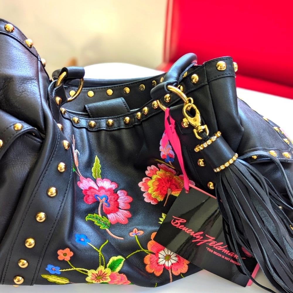 Beverly Feldman black embroidered bag NWT